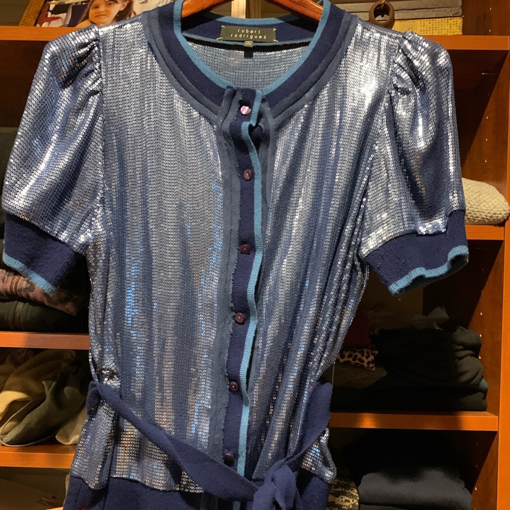 Robert Rodriguez Blue Sequined Belted Cardigan - M